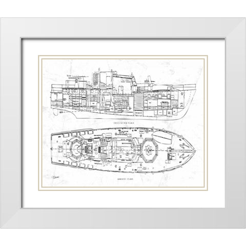 Boat Blueprint 1 wht White Modern Wood Framed Art Print with Double Matting by Stevens, Carole
