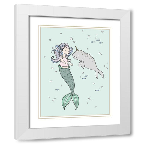 Mermaid And Narwhal Buddies White Modern Wood Framed Art Print with Double Matting by Sweet Melody Designs