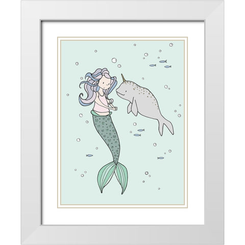 Mermaid And Narwhal Buddies White Modern Wood Framed Art Print with Double Matting by Sweet Melody Designs