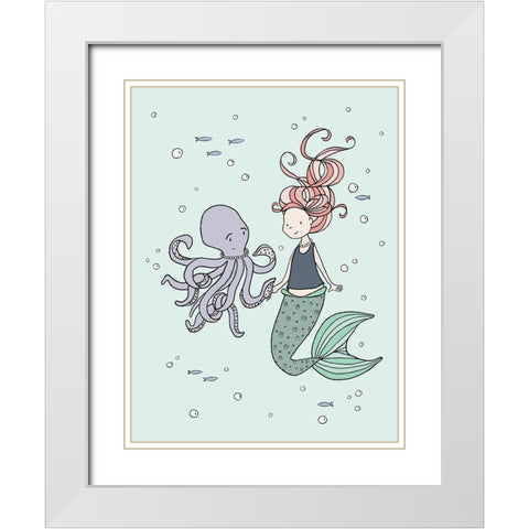 Mermaid And Octopus Buddies White Modern Wood Framed Art Print with Double Matting by Sweet Melody Designs
