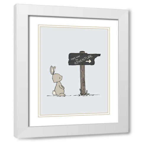 Bunny This Way To Adventure White Modern Wood Framed Art Print with Double Matting by Sweet Melody Designs
