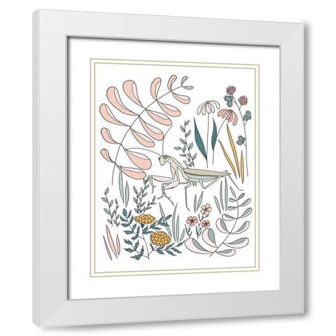 Praying Mantis Floral White Modern Wood Framed Art Print with Double Matting by Sweet Melody Designs