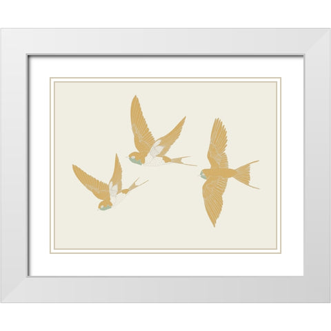 Golden Swallows White Modern Wood Framed Art Print with Double Matting by Sweet Melody Designs