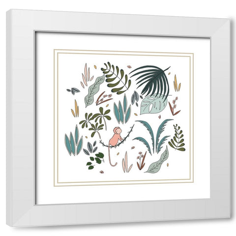Botanical Jungle Monkey White Modern Wood Framed Art Print with Double Matting by Sweet Melody Designs