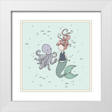 Mermaid And Octopus Buddies White Modern Wood Framed Art Print with Double Matting by Sweet Melody Designs