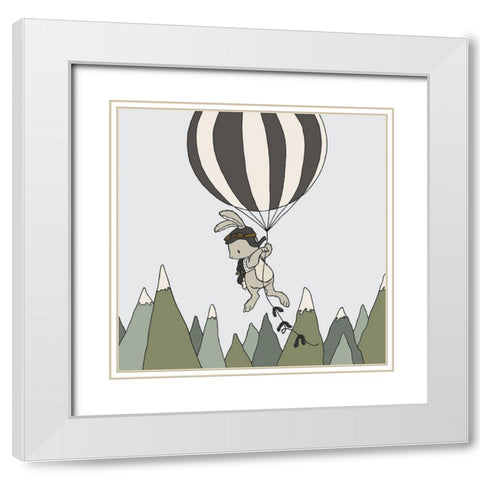 Bunny Balloon Adventure White Modern Wood Framed Art Print with Double Matting by Sweet Melody Designs