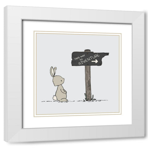 Bunny This Way To Adventure White Modern Wood Framed Art Print with Double Matting by Sweet Melody Designs