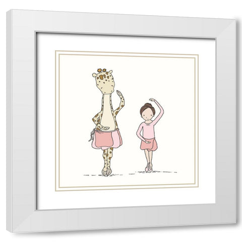Girl and Giraffe Ballerina White Modern Wood Framed Art Print with Double Matting by Sweet Melody Designs