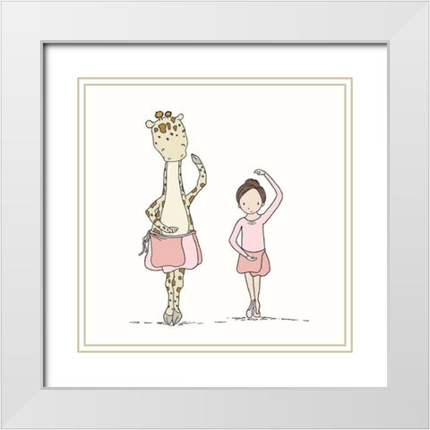 Girl and Giraffe Ballerina White Modern Wood Framed Art Print with Double Matting by Sweet Melody Designs