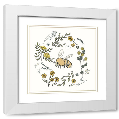 Honeybee Flowers White Modern Wood Framed Art Print with Double Matting by Sweet Melody Designs