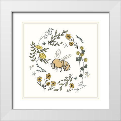 Honeybee Flowers White Modern Wood Framed Art Print with Double Matting by Sweet Melody Designs