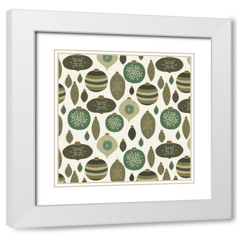 Baubles Pattern Green And Gold White Modern Wood Framed Art Print with Double Matting by Sweet Melody Designs