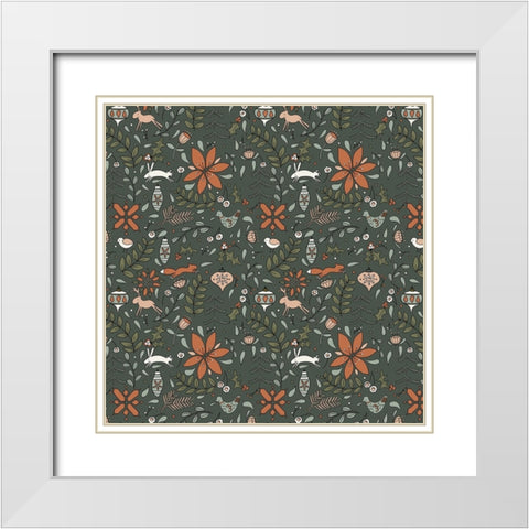 Festive Folk Pattern Deep Green White Modern Wood Framed Art Print with Double Matting by Sweet Melody Designs