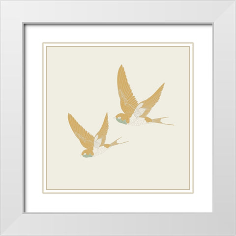 Golden Swallows White Modern Wood Framed Art Print with Double Matting by Sweet Melody Designs
