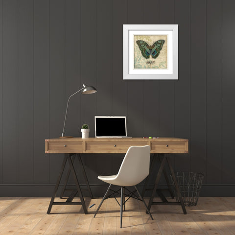 Peacock Bfly 5 White Modern Wood Framed Art Print with Double Matting by Stimson, Diane