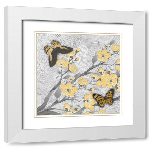 Cherry Blossom Bflies 1 White Modern Wood Framed Art Print with Double Matting by Stimson, Diane