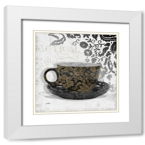 Coffee Damask 1 White Modern Wood Framed Art Print with Double Matting by Stimson, Diane