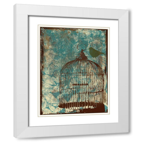 Birdcage on Teal 1 White Modern Wood Framed Art Print with Double Matting by Grey, Jace