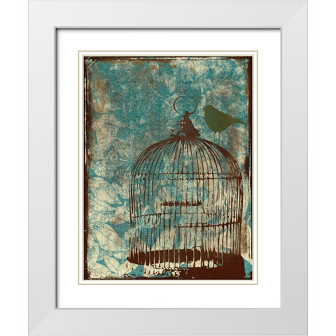 Birdcage on Teal 1 White Modern Wood Framed Art Print with Double Matting by Grey, Jace