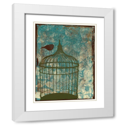 Birdcage on Teal 2 White Modern Wood Framed Art Print with Double Matting by Grey, Jace