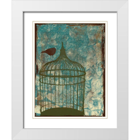 Birdcage on Teal 2 White Modern Wood Framed Art Print with Double Matting by Grey, Jace