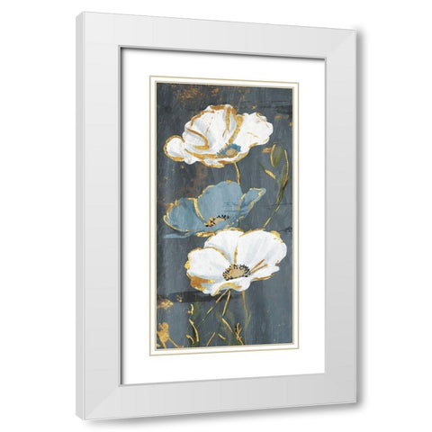 Blue Gold Florals White Modern Wood Framed Art Print with Double Matting by Grey, Jace