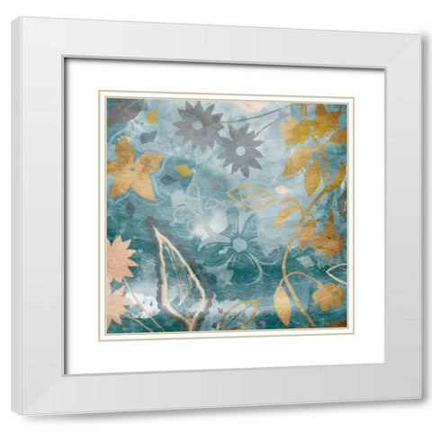 Golden Teal Florals White Modern Wood Framed Art Print with Double Matting by Grey, Jace