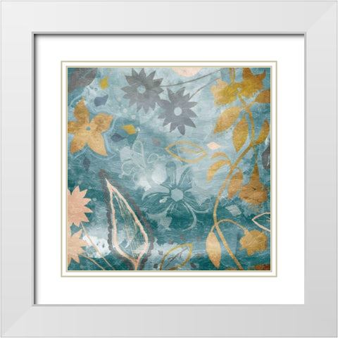 Golden Teal Florals White Modern Wood Framed Art Print with Double Matting by Grey, Jace