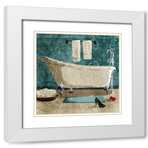 Teal Drink And Heals Bath White Modern Wood Framed Art Print with Double Matting by Grey, Jace
