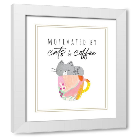 Motivated By Cats And Coffee 1 White Modern Wood Framed Art Print with Double Matting by McCully, Jennifer