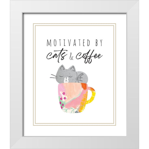 Motivated By Cats And Coffee 1 White Modern Wood Framed Art Print with Double Matting by McCully, Jennifer