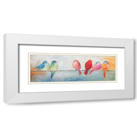 Colorful Birds On A Wire White Modern Wood Framed Art Print with Double Matting by Kimberly, Allen
