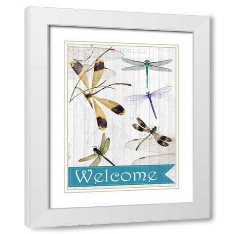 Welcome Dragonflies White Modern Wood Framed Art Print with Double Matting by Allen, Kimberly