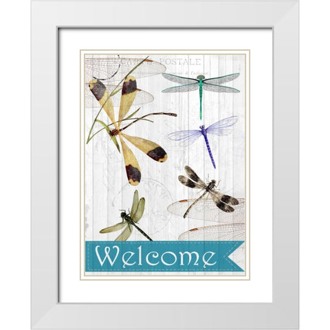 Welcome Dragonflies White Modern Wood Framed Art Print with Double Matting by Allen, Kimberly