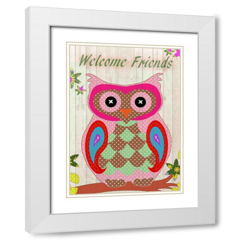 Patchwork Owl Welcome White Modern Wood Framed Art Print with Double Matting by Allen, Kimberly