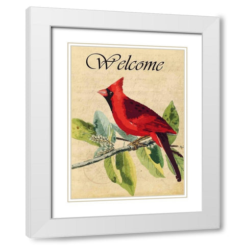 Cardinal Welcome White Modern Wood Framed Art Print with Double Matting by Allen, Kimberly