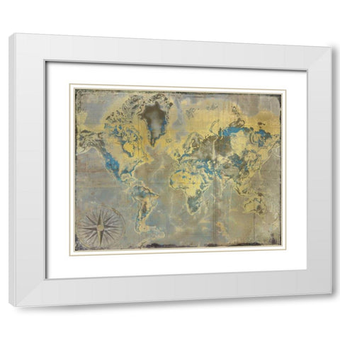 Golden Teal World Map White Modern Wood Framed Art Print with Double Matting by Allen, Kimberly
