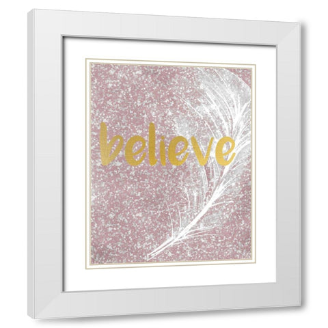 Pink Glitter Feather 1 White Modern Wood Framed Art Print with Double Matting by Kimberly, Allen