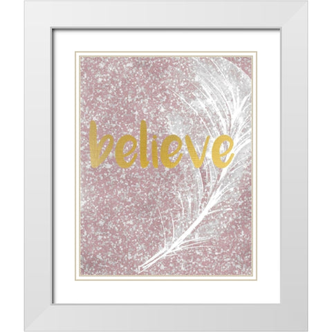 Pink Glitter Feather 1 White Modern Wood Framed Art Print with Double Matting by Kimberly, Allen