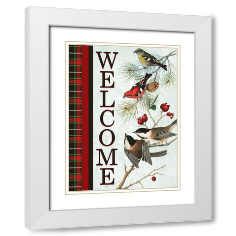 Christmas Birds Welcome White Modern Wood Framed Art Print with Double Matting by Kimberly, Allen
