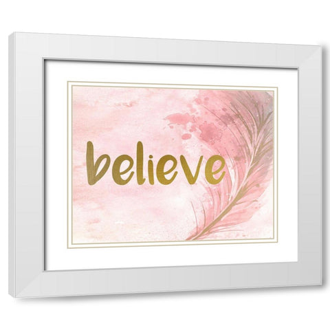 Pink Feathered 1 White Modern Wood Framed Art Print with Double Matting by Kimberly, Allen