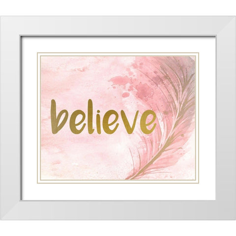 Pink Feathered 1 White Modern Wood Framed Art Print with Double Matting by Kimberly, Allen