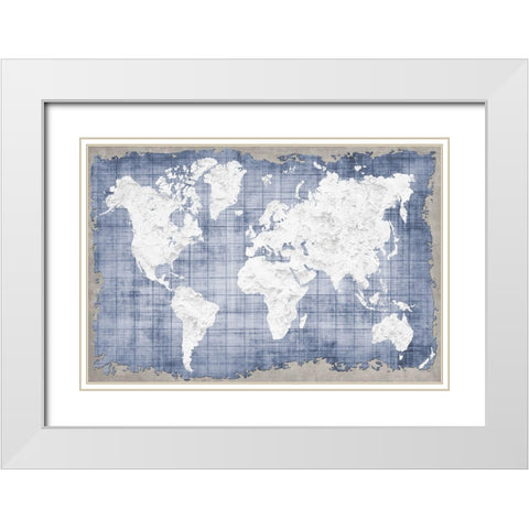 Blue World Map White Modern Wood Framed Art Print with Double Matting by Allen, Kimberly