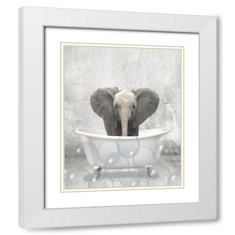 Baby Elephant Bath White Modern Wood Framed Art Print with Double Matting by Allen, Kimberly