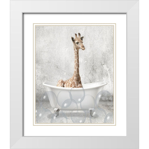Baby Giraffe Bath White Modern Wood Framed Art Print with Double Matting by Allen, Kimberly
