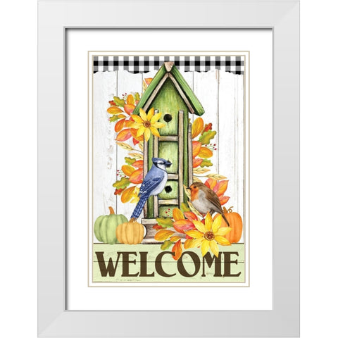 Autumn Birdhouse White Modern Wood Framed Art Print with Double Matting by Allen, Kimberly