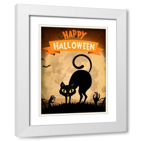 Happy Halloween Black Cat White Modern Wood Framed Art Print with Double Matting by Allen, Kimberly