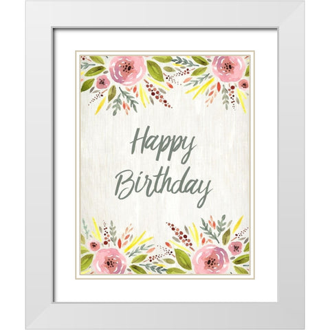 Happy Birthday Watercolor Floral White Modern Wood Framed Art Print with Double Matting by Kimberly, Allen