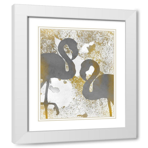 Gold Flamingos 1 White Modern Wood Framed Art Print with Double Matting by Kimberly, Allen