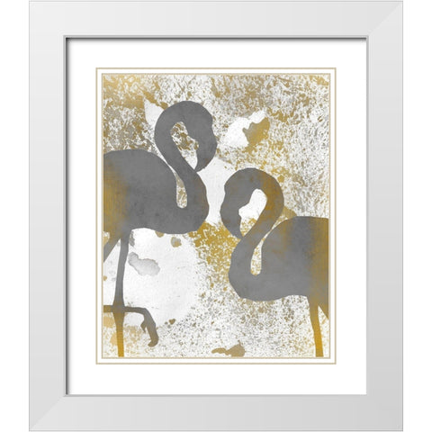 Gold Flamingos 1 White Modern Wood Framed Art Print with Double Matting by Kimberly, Allen